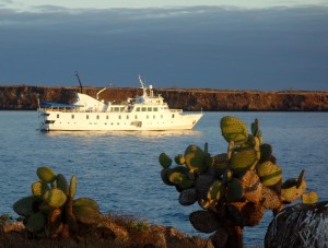 Das Kreuzfahrtschiff La Pinta im Licht der untergehenden Sonne vor North Seymour