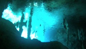 Mexiko, Tulum, Cenoten Tauchen: Der Blick nach oben an den Einstieg in die Gran Cenote